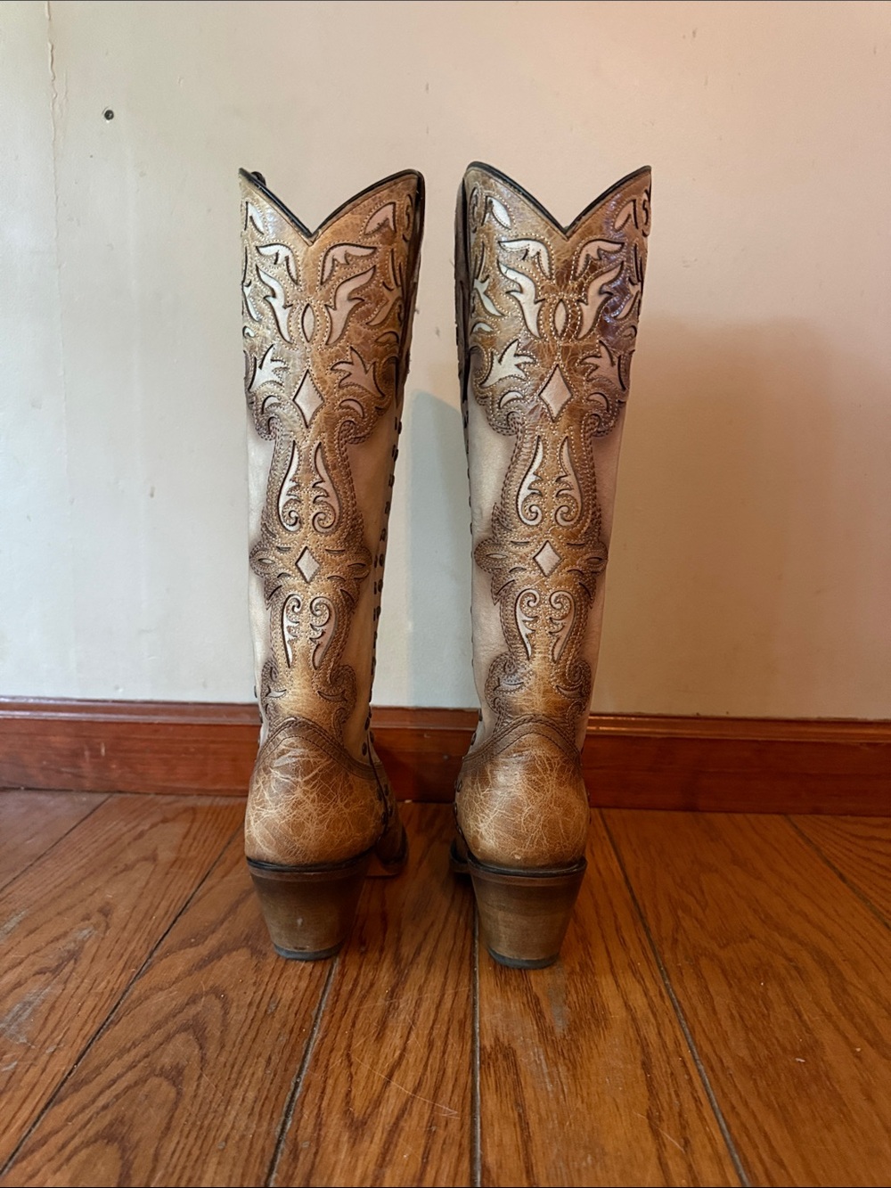 Women's Cream and Tan Embroidered Western Heeled Boots - Picture 3 of 7